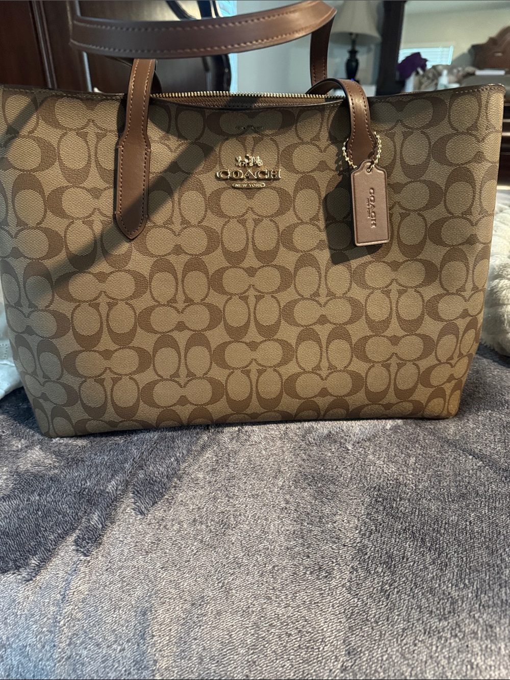Coach Brown Signature Canvas Tote with Leather Trim